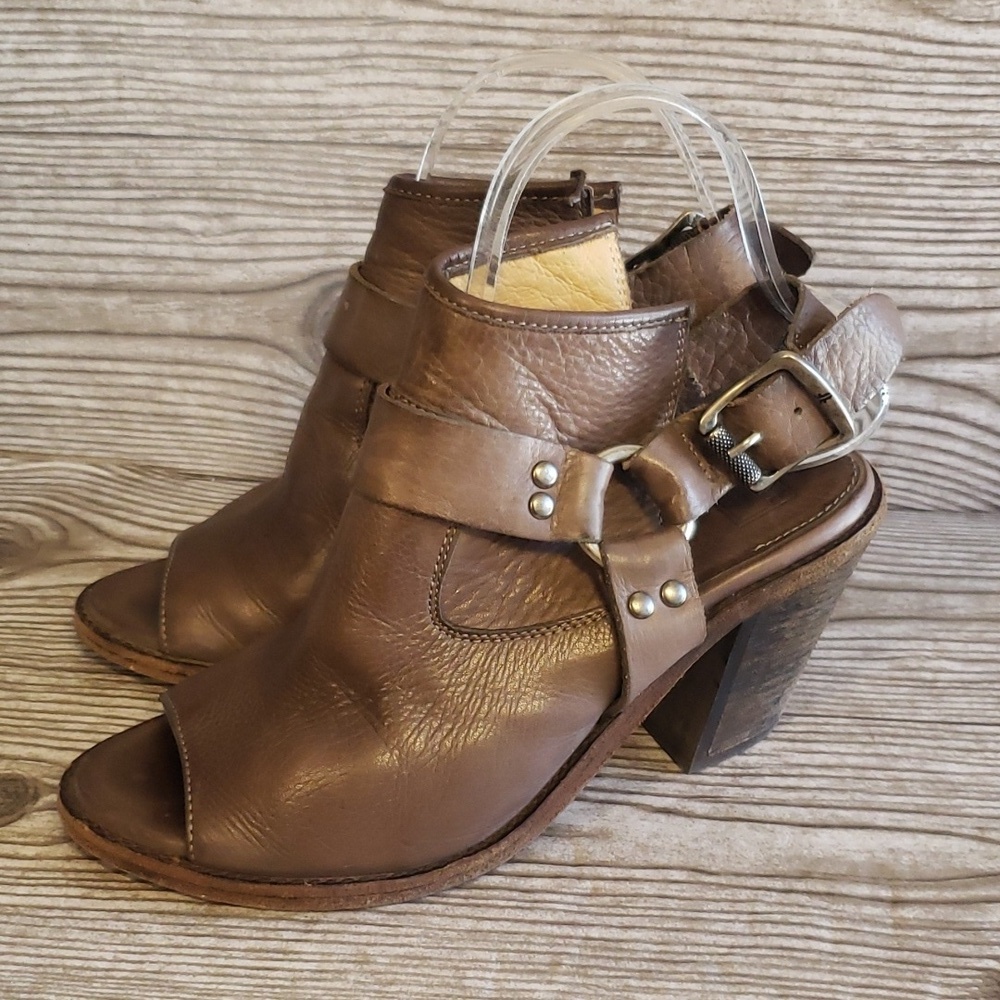 Frye Izzy Gray/brown Leather Open Toe Sling Back Harnes High Heel Booties 6 - Picture 5 of 8